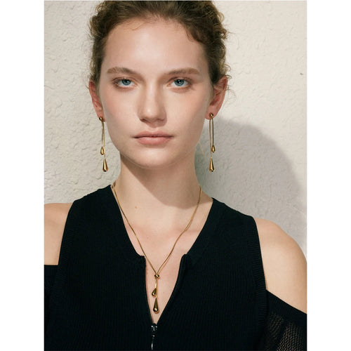 Yhpup Exquisite Stainless Steel Handmade Polished Chain Chest Necklace Water Drop Dangle Fashion Earrings Women Charm Jewelry