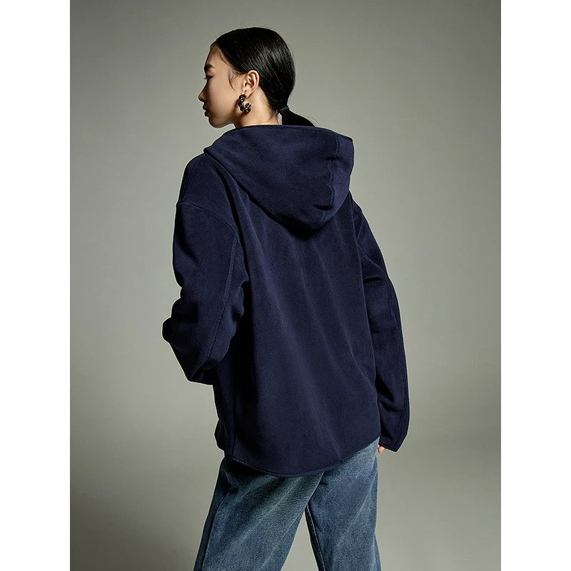 Casaco Feminino de Fleece com Capuz e Bolsos