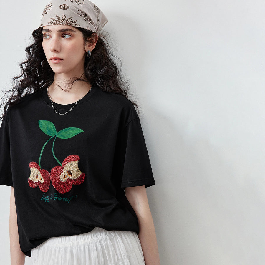 Camiseta Feminina de Liocel Color Block com Bordado Maçã