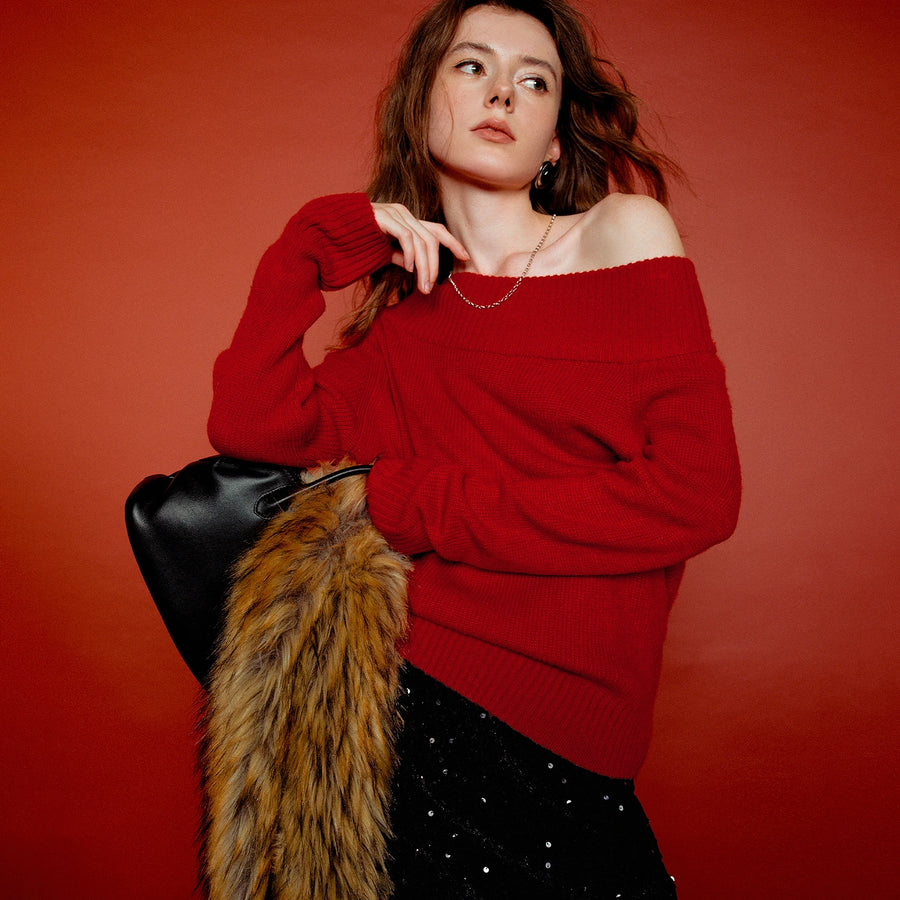 Suéter Vermelho Ombro a Ombro com Toque Mohair