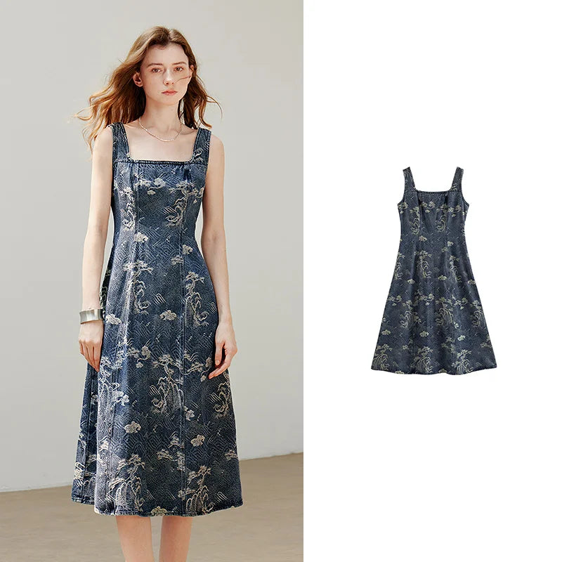 Vestido de Alças Midi Floral com Decote Quadrado
