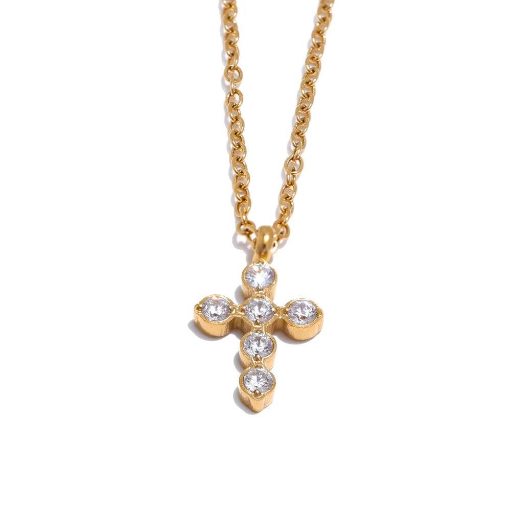 Colar Feminino Cruz com Zircônia em Aço Inoxidável 6 Ouro