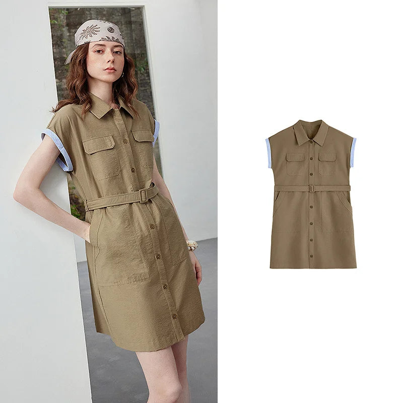 Vestido Chemise Curto com Bolsos e Cinto