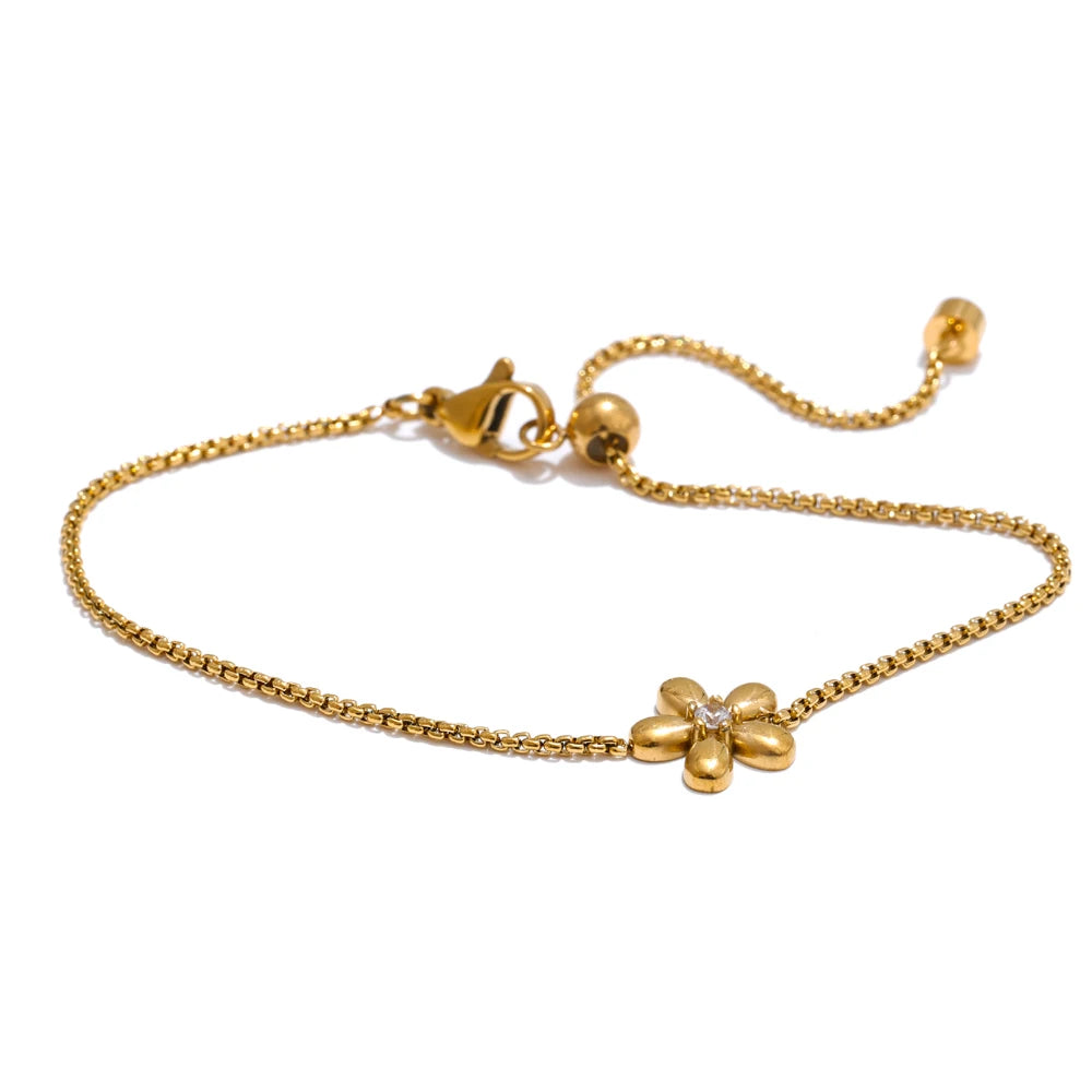 Yhpup Hot Style Stainless Steel Zirconia Flower Pendant Necklace Bracelet Bangle Earrings 18K Plated Golden Versatile Jewelry YH5519A G-Bracelet