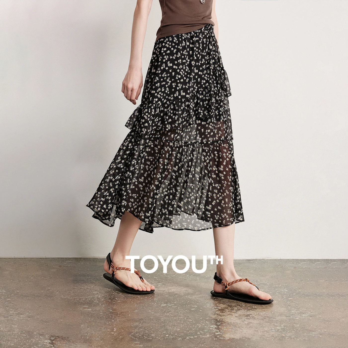 Saia Midi Feminina Floral com Babados