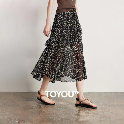 Saia Midi Feminina Floral com Babados