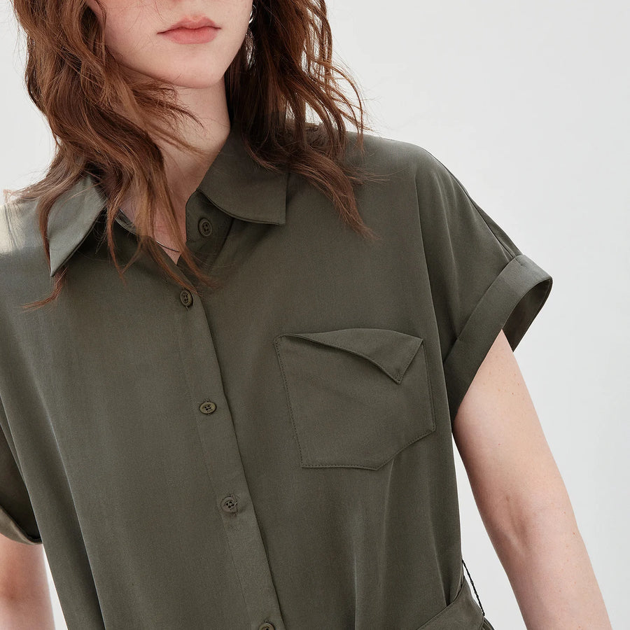 Vestido Chemise Midi em Liocel com Bolsos