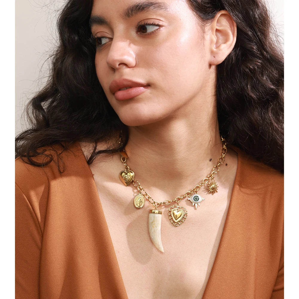 Yhpup High Quality Stainless Steel Sun Heart Resin Pendant Necklace 18K Golden Plated 2025 Personalized Charm Statement Jewelry