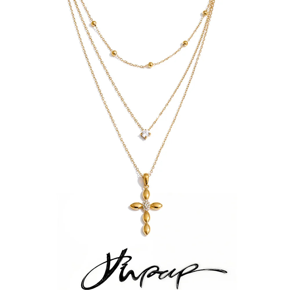 Yhpup Trendy Stainless Steel Layered Chain Cross Pendant Necklace for Women Exquisite High Quality Chic Jewelry Water Resistant