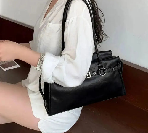 Bolsa feminina de couro legítimo vintage estilo baguete para ombro longo