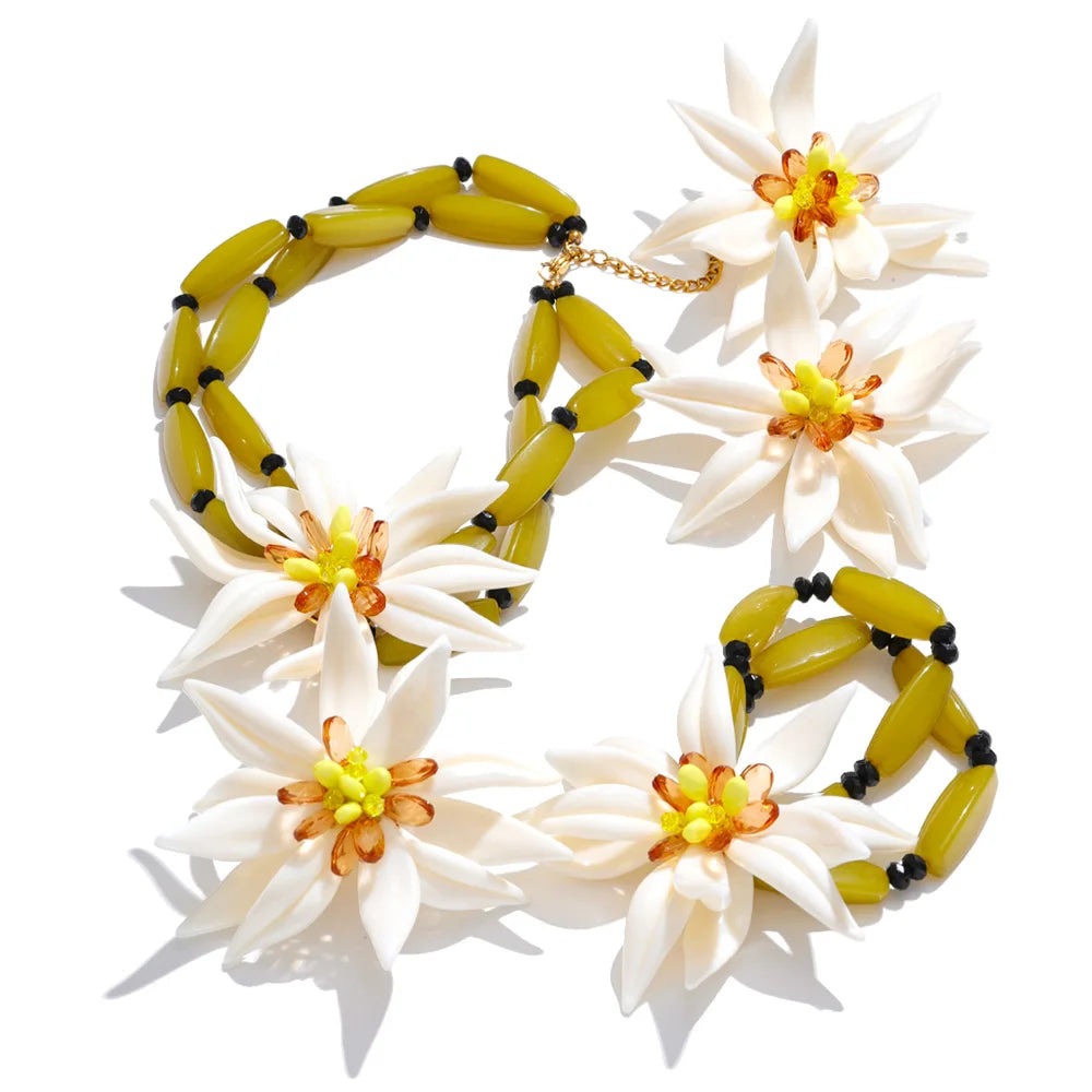 Yhpup Waterproof Trendy Petal Flower Handmade Necklace Bracelet Earrings Ring Fashion Stainless Steel PVD Plated Popular Jewelry