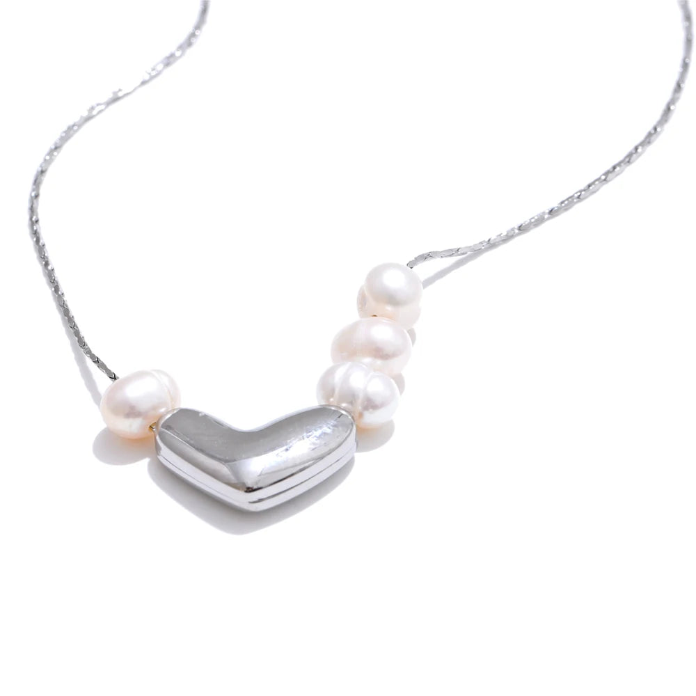 Colar Feminino Coração com Pérola em Aço Inoxidável 2 YH5316A Steel