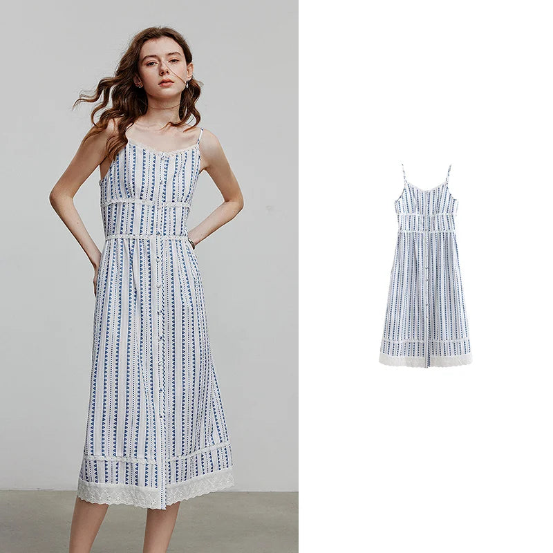 Vestido Midi Listrado de Liocel sem Manga Blue