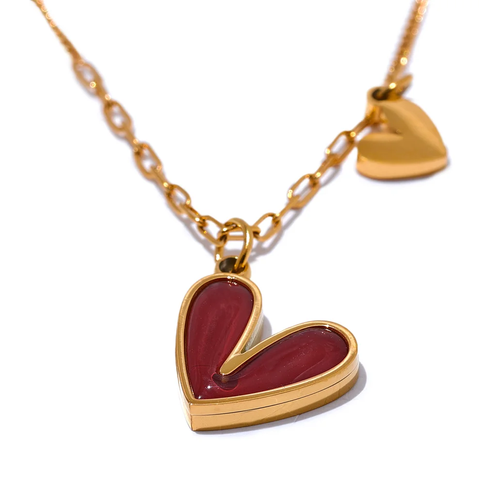 Yhpup Red Enamel White Natural Shell Stainless Steel Heart Pendant Necklace Trendy Exquisite Jewelry Attractive Accessories YH2969A Red