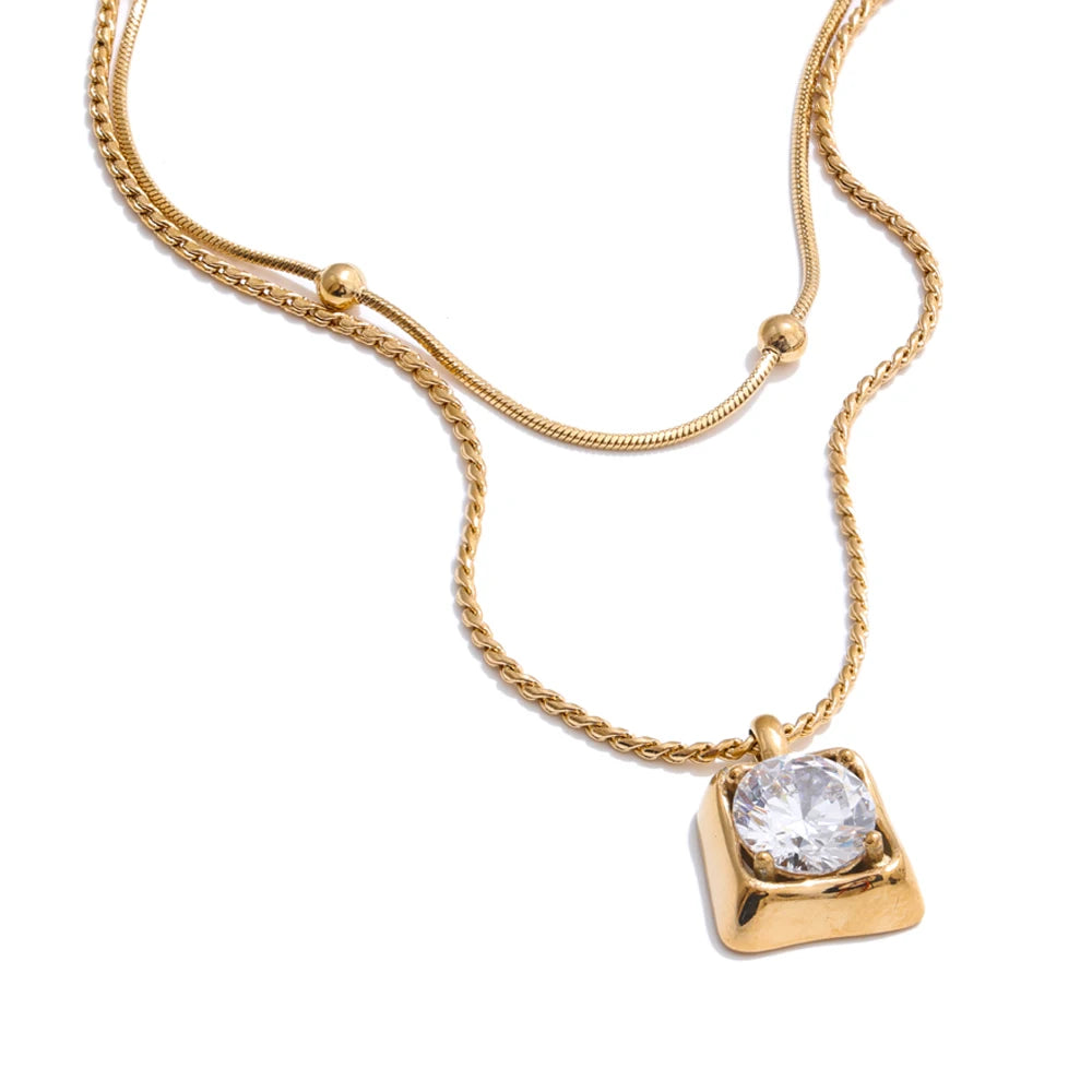 Colar Feminino de Camadas Gota com Zircônia em Aço Inoxidável 5 YH189A Gold