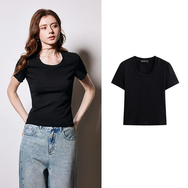 Camiseta Feminina Cropped Slim com Decote U