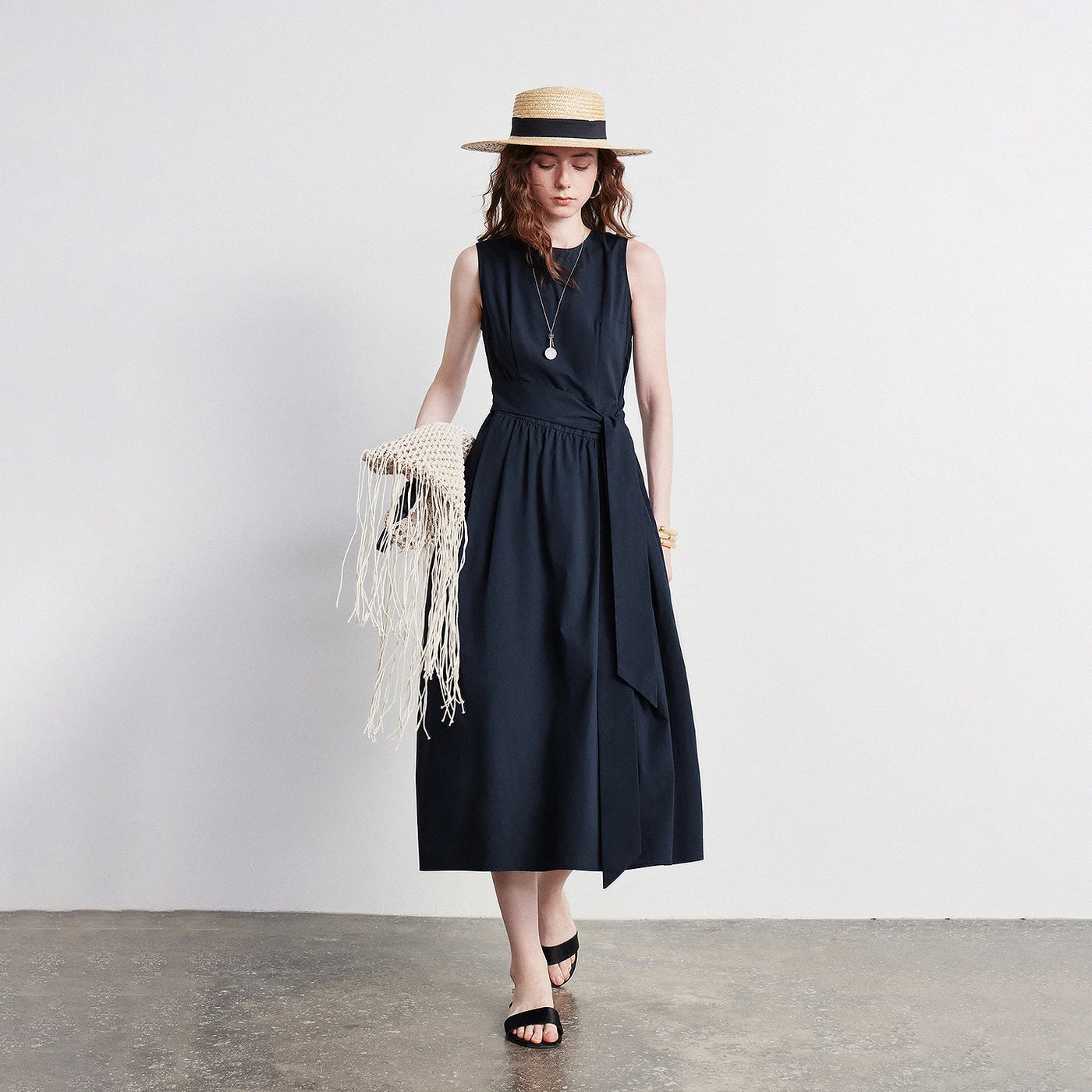 Vestido Midi em Algodão com Cintura Marcada