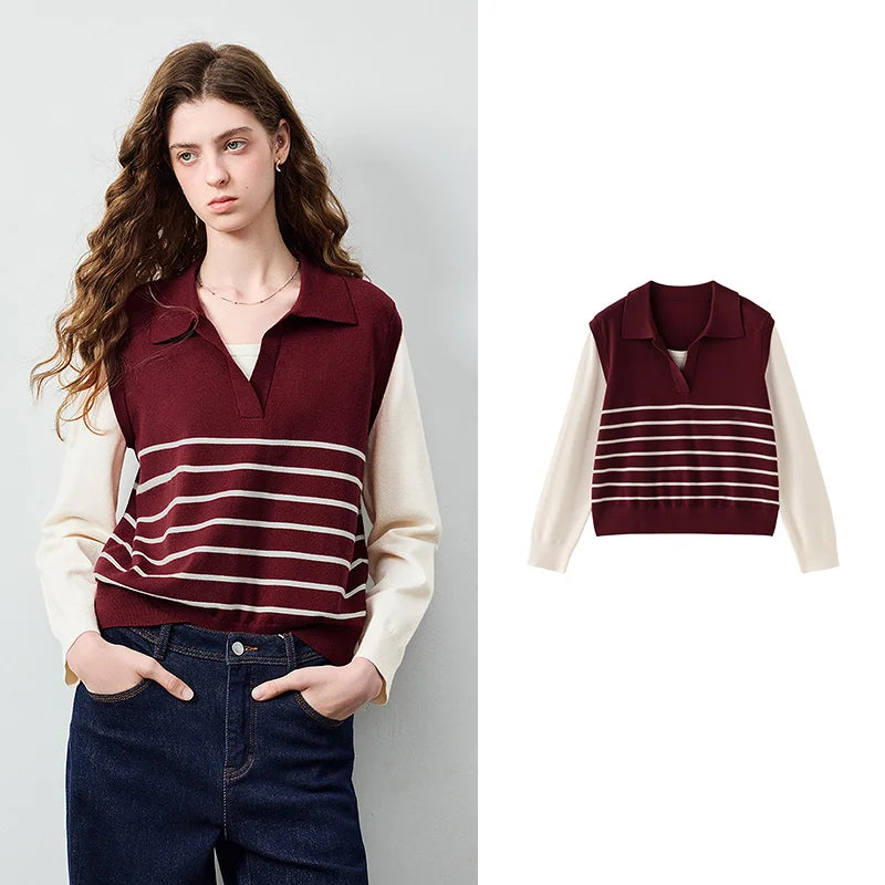 Blusa Feminina de Tricô Listrada Efeito Duas Peças
