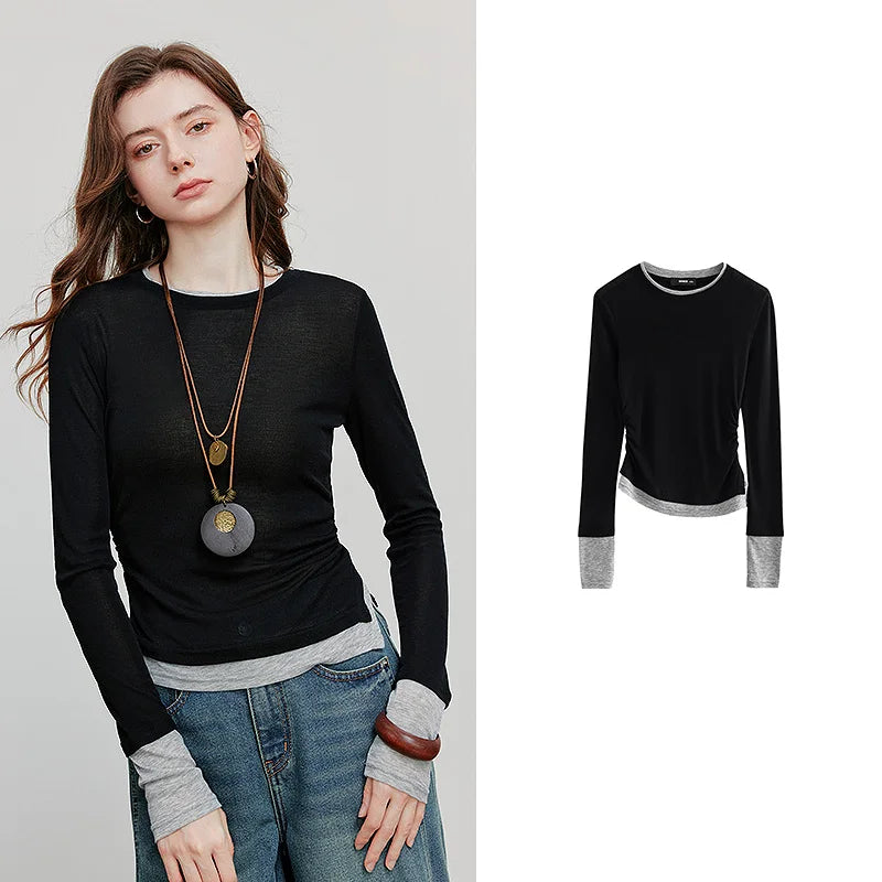 Blusa Feminina Efeito Duas Peças com Pregas Manga Longa