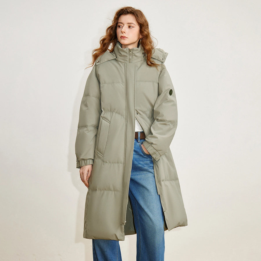 Casaco Puffer Feminino Midi com Capuz e Gola de Pelo