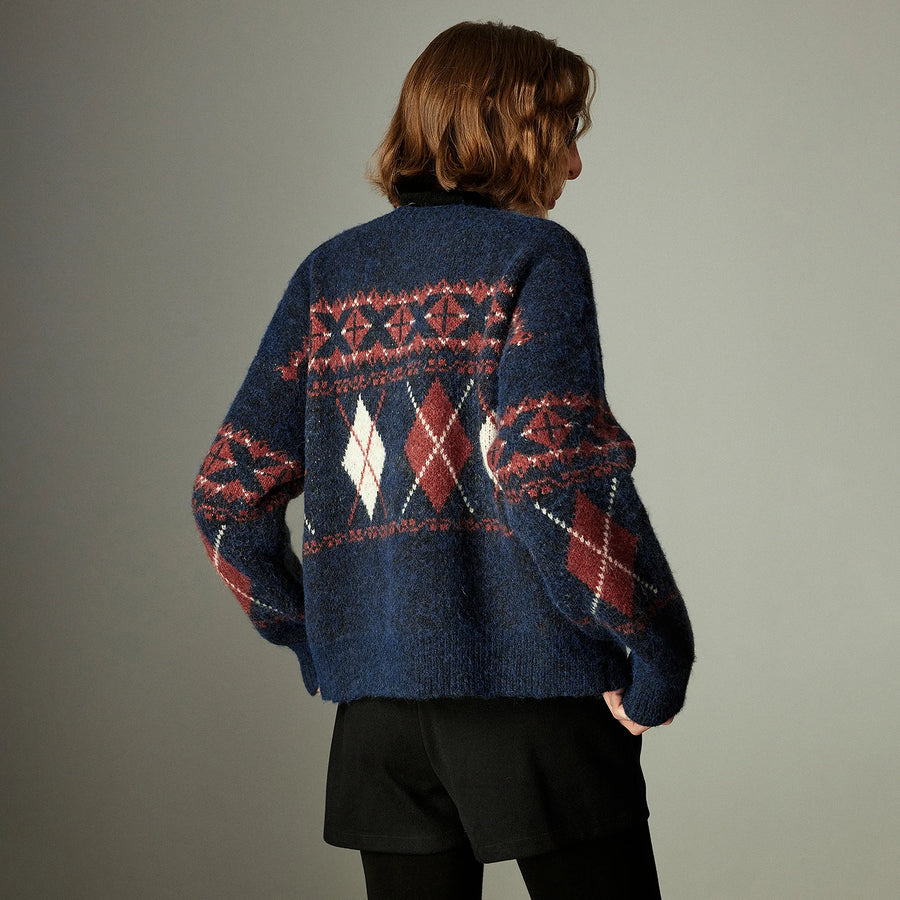 Suéter Feminino de Tricô Jacquard Nórdico com Gola Redonda