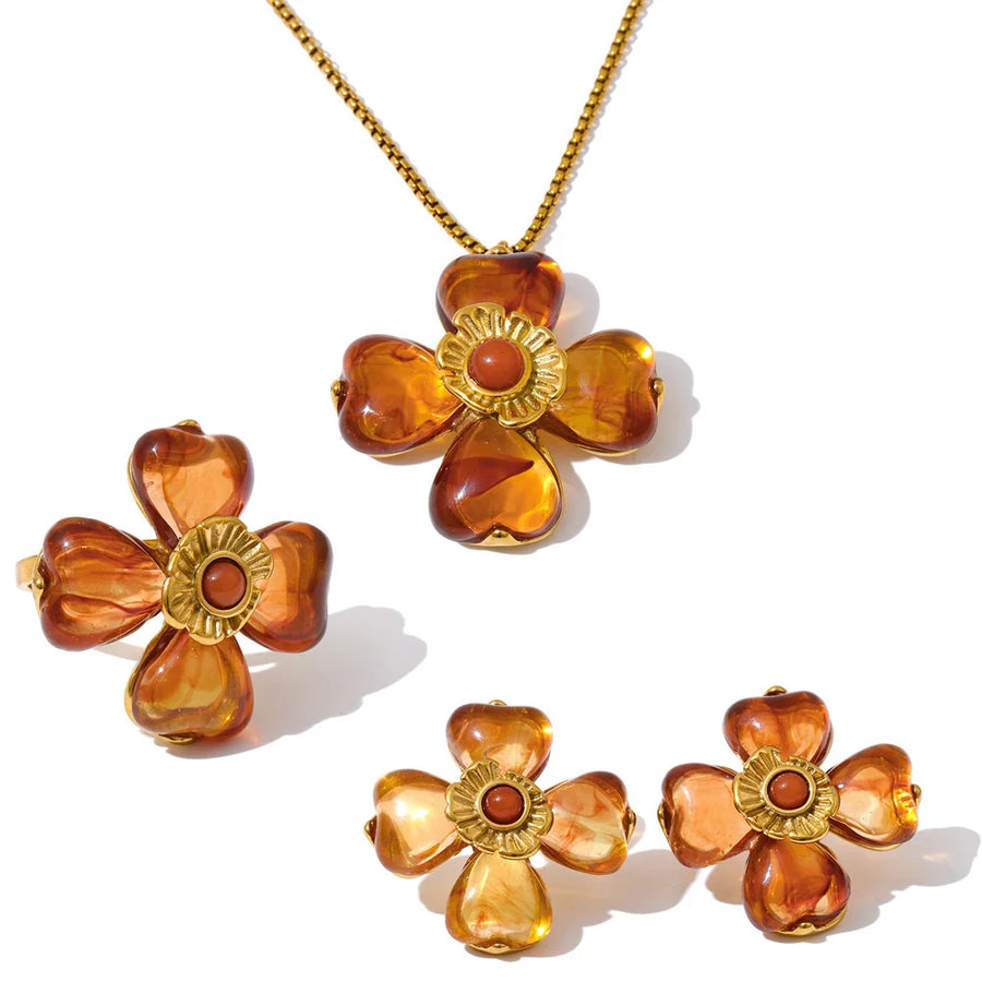 Yhpup Acrylic Fashion Flower Pendant Necklace Adjustable Ring Earrings Set 2025 Stainless Steel Trendy Jewelry Gift Multi-color Set Amber
