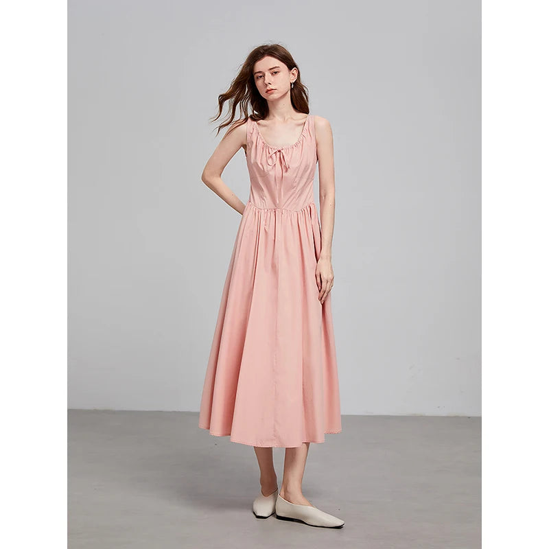 Vestido de Alças Midi Rosa com Bolsos