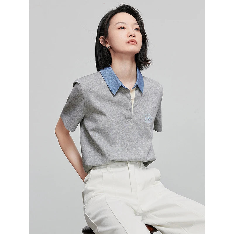 TOYOUTH women's Embroidery Polo Shirt 2025 Summer New Pique Denim Collar Contrast Color Casual Daily Tops