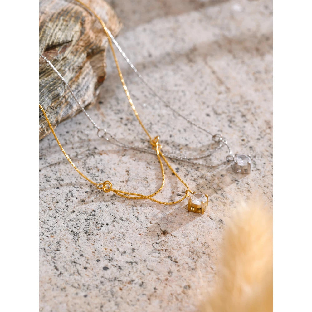 Colar Feminino de Camadas Gota com Zircônia em Aço Inoxidável 6