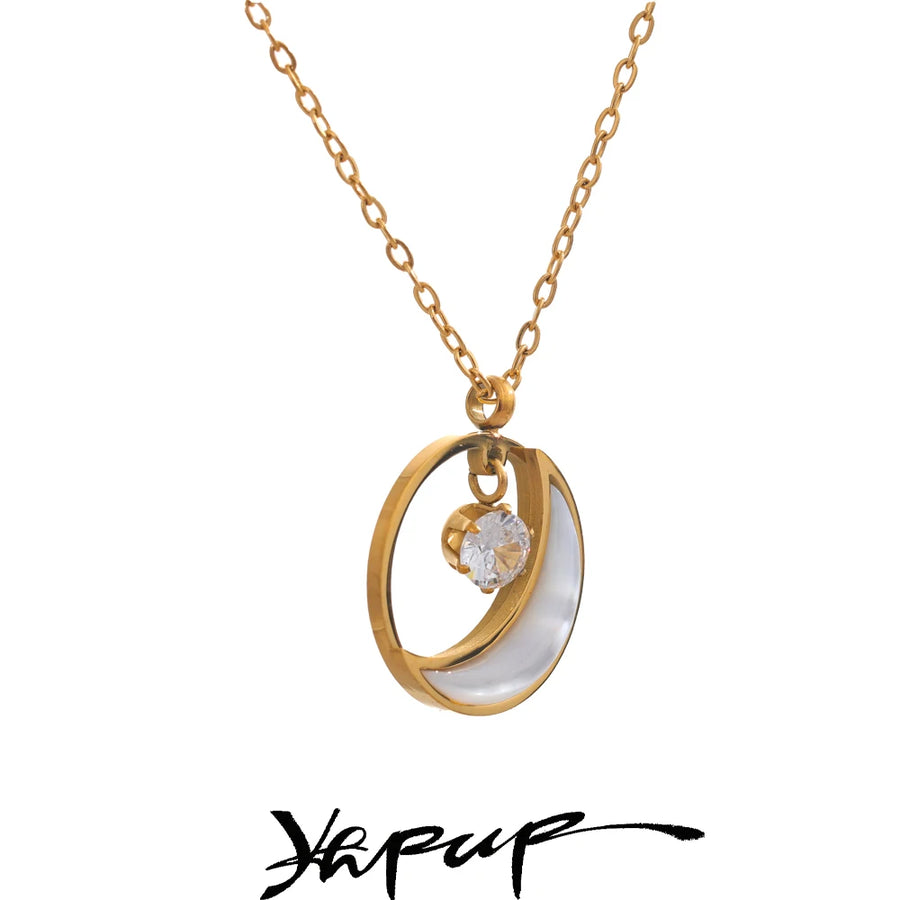 Yhpup Natural Shell Zirconia Moon Round Chic Pendant Necklace Korean Style Daily Jewelry Waterproof Accessories Gift