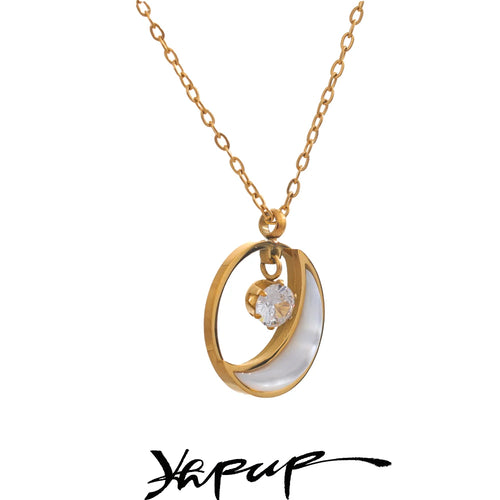 Yhpup Natural Shell Zirconia Moon Round Chic Pendant Necklace Korean Style Daily Jewelry Waterproof Accessories Gift