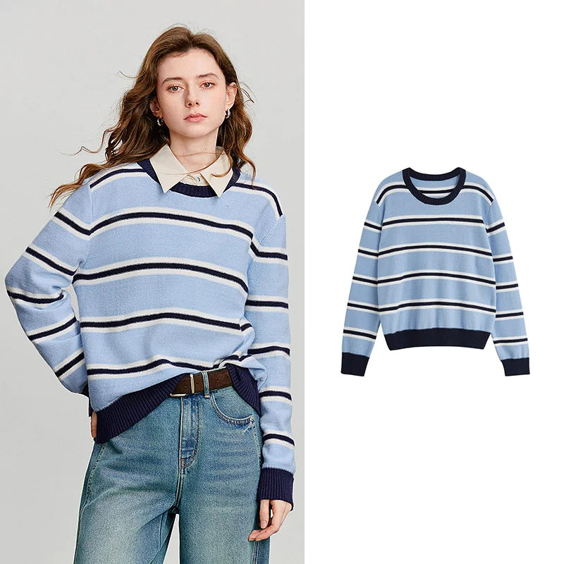 Suéter Feminino Listrado Vintage com Manga Longa
