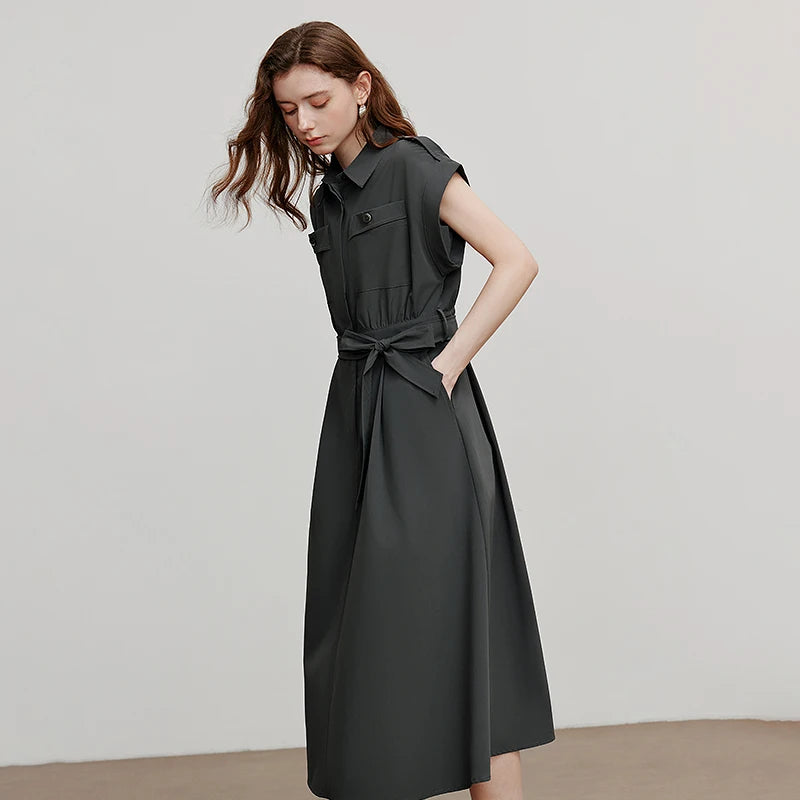 Vestido Chemise Midi com Cinto e Gola Polo