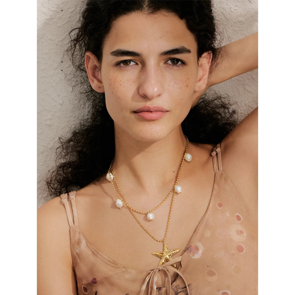 Colar Feminino de Camadas Estrela com Pérola em Aço Inoxidável 2