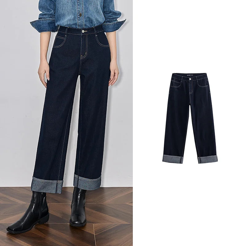 Calça Jeans Feminina Reta Cropped com Barra Dobrada