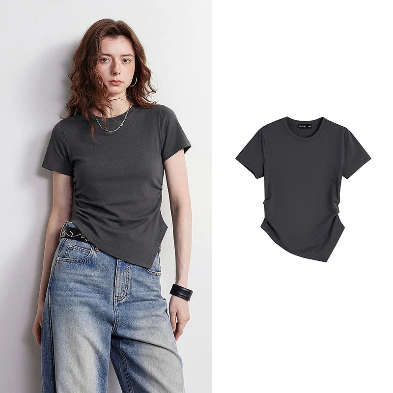 Camiseta Feminina de Algodão com Cintura Franzida Assimétrica
