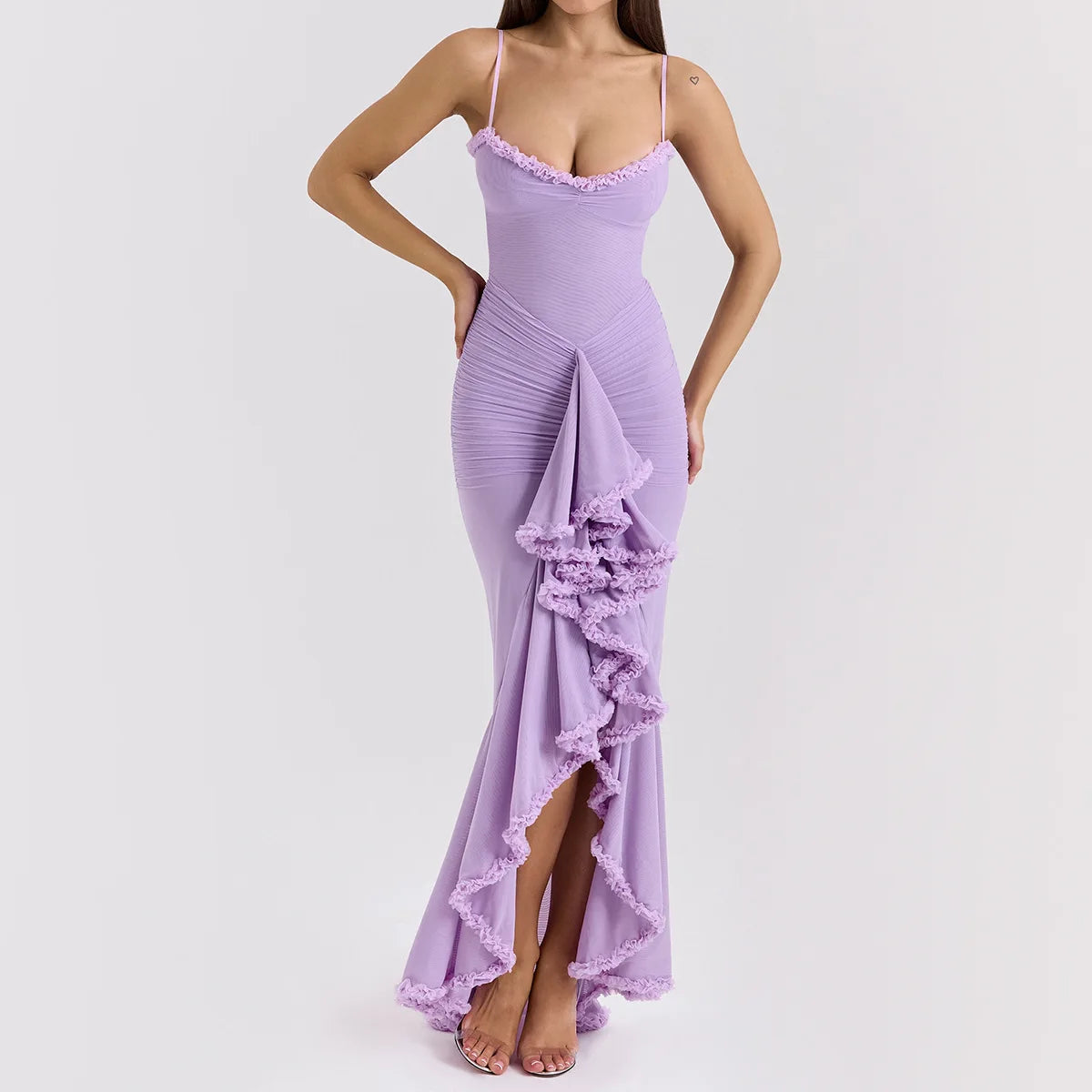 Vestido Longo Feminino de Tule com Babados e Drapeado