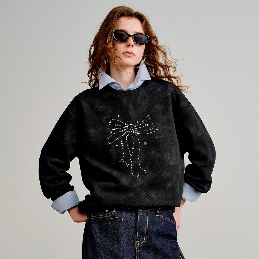 TOYOUTH Women Batik Cotton Sweatshirts 2026 Spring New Bow Rhinestone Crew Neck Loose Black Tops