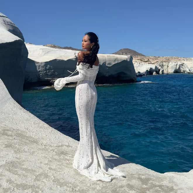 Women's Elegant Lace Up Flared Sleeve Long Dress Fashion Hollow Out Off Shoulder Bodycon Vestidos 2024 Lady New Beach Partywear