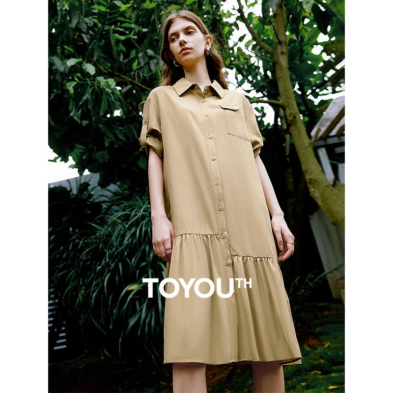 Vestido Chemise Curto em Liocel com Bolsos