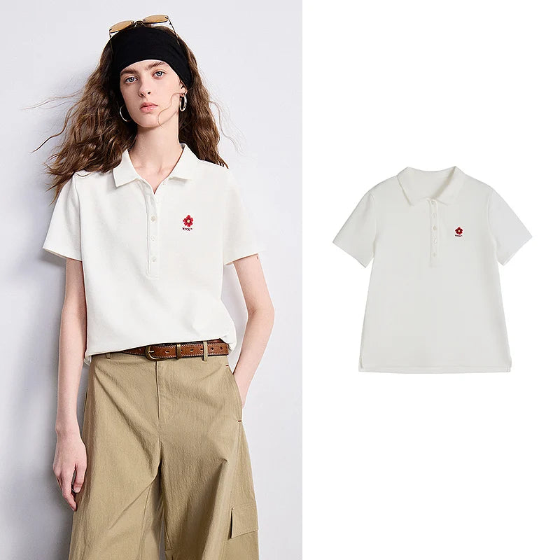Camiseta Polo Feminina de Algodão com Bordado Floral