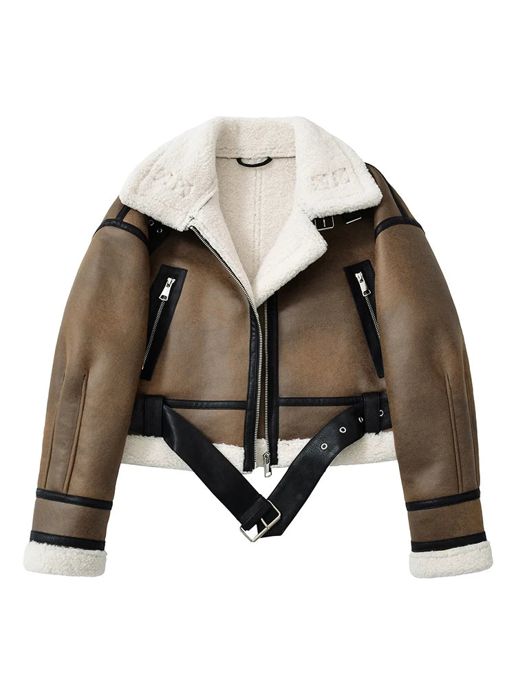 Casaco Curto Feminino com Pelo para Inverno Khaki White