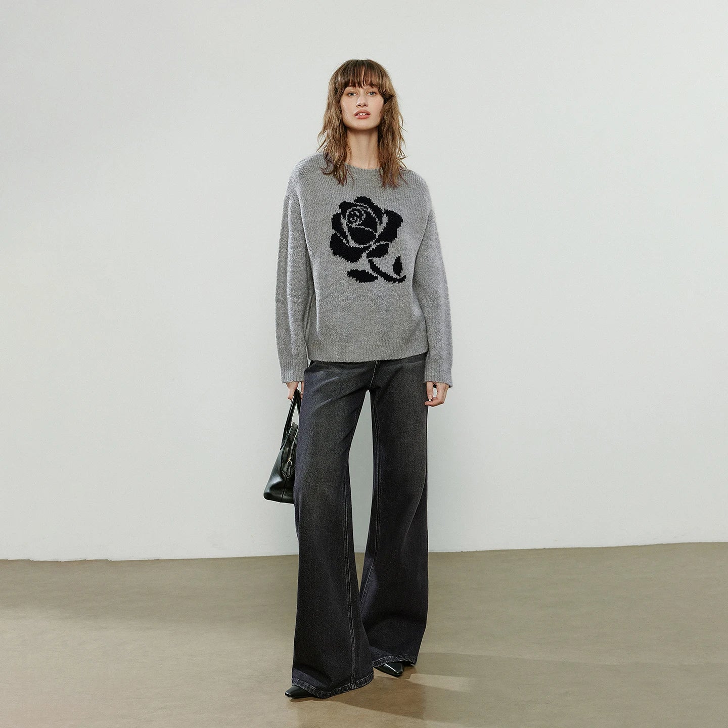 Suéter de Lã com Jacquard de Rosas