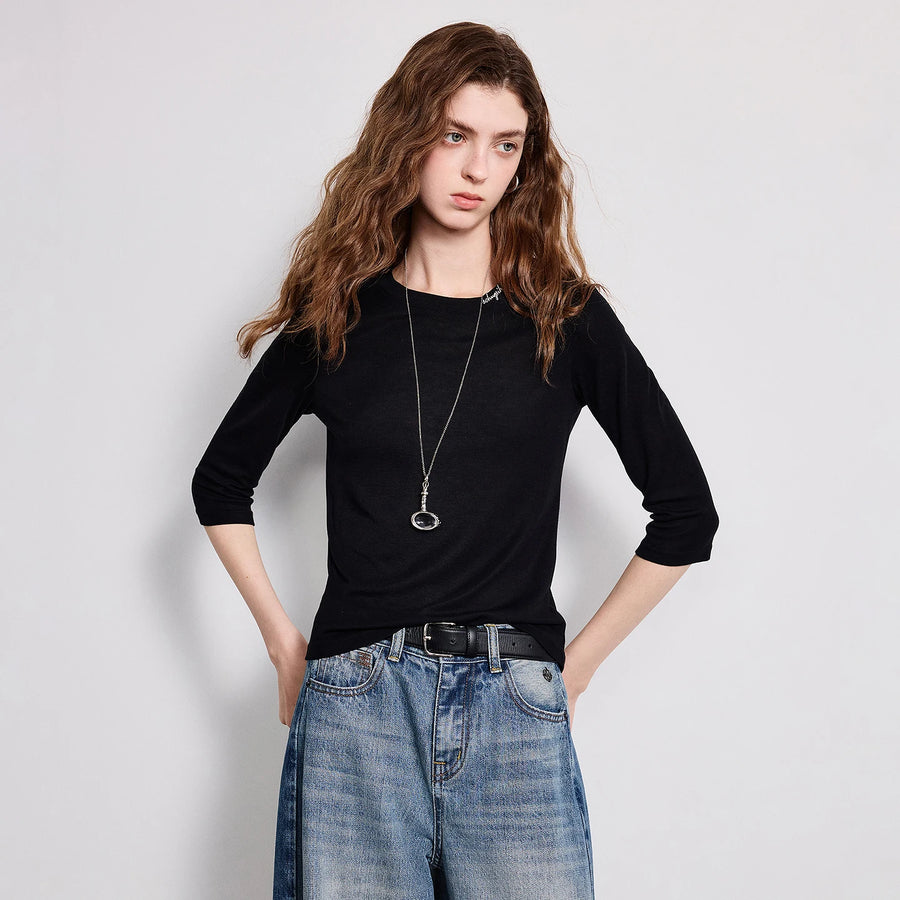 TOYOUTH Women Wool T-Shirt 2026 Spring New Crew Neck Embroidered Three-Quarter Sleeve Slim Cloud-Feel Top