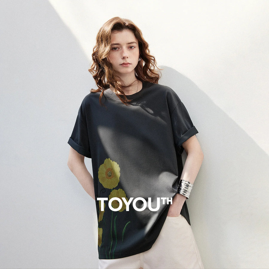 Camiseta Feminina de Algodão com Estampa Floral Amarela