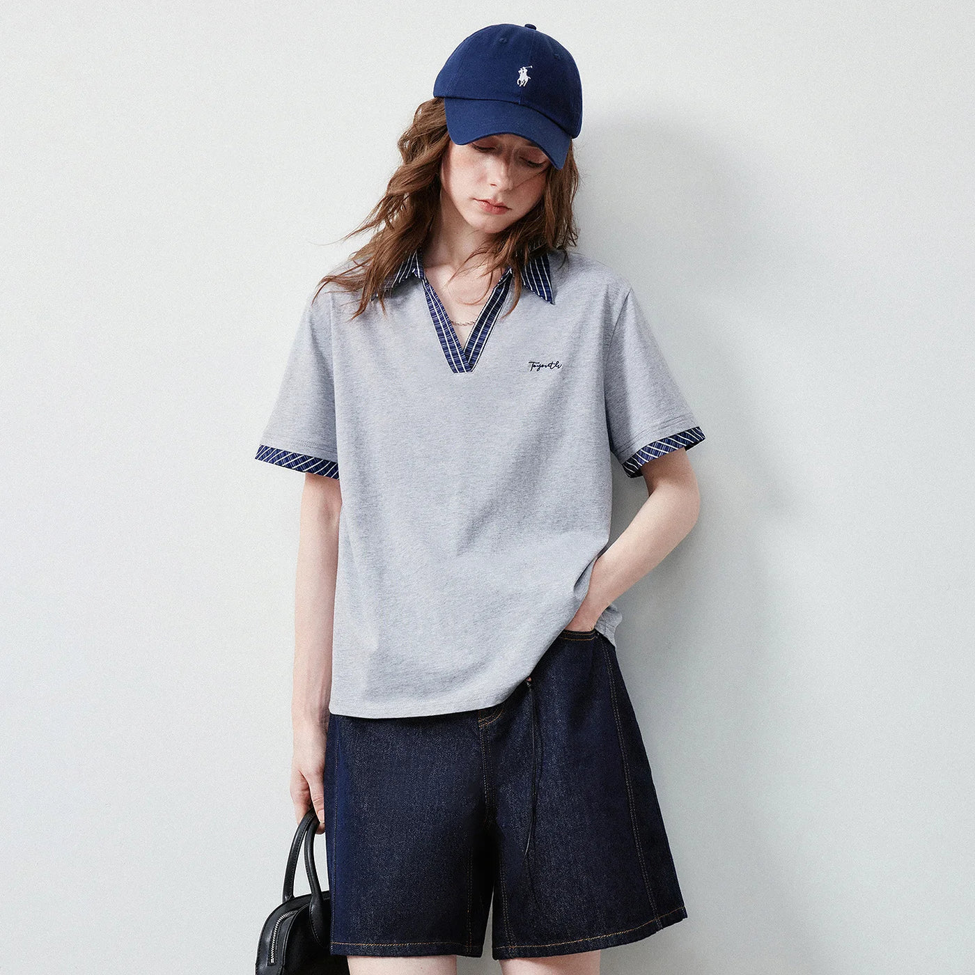 Camiseta Polo Feminina de Algodão Antibacteriano Xadrez