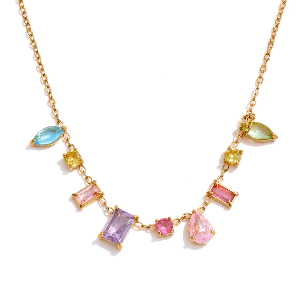 Colar Feminino Geométrico com Zircônias Coloridas em Aço Inoxidável Colorido