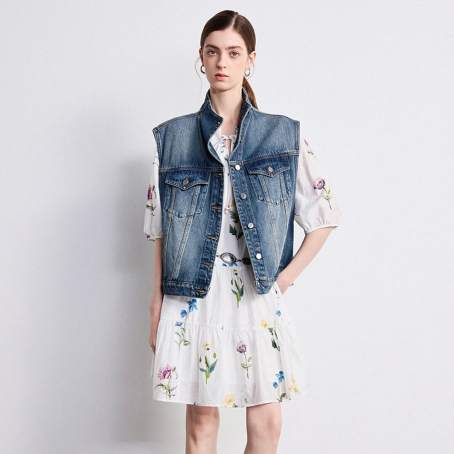 Vestido Curto Floral de Liocel e Linho com Manga Bufante