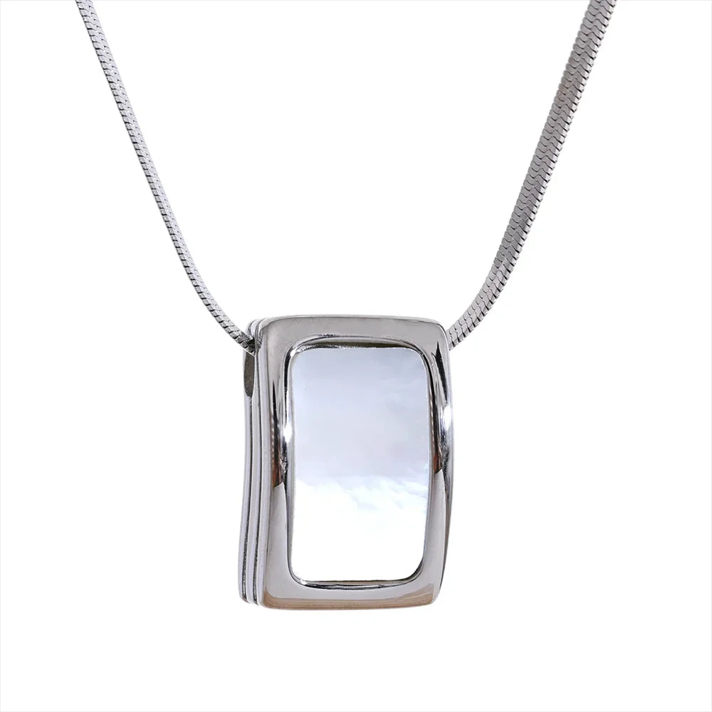 Yhpup Natural Shell Square Thicker Pendant Stainless Steel Fashion Necklace Unisex High Quality Golden Chain Jewelry Men Women YH1402A Steel