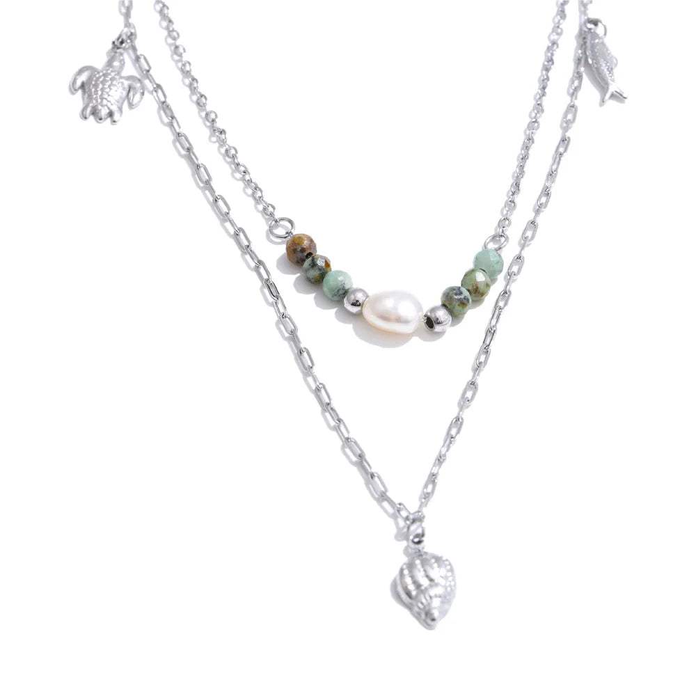Colar Feminino de Camadas Gota com Pérola em Aço 316L YH4536A Platinum